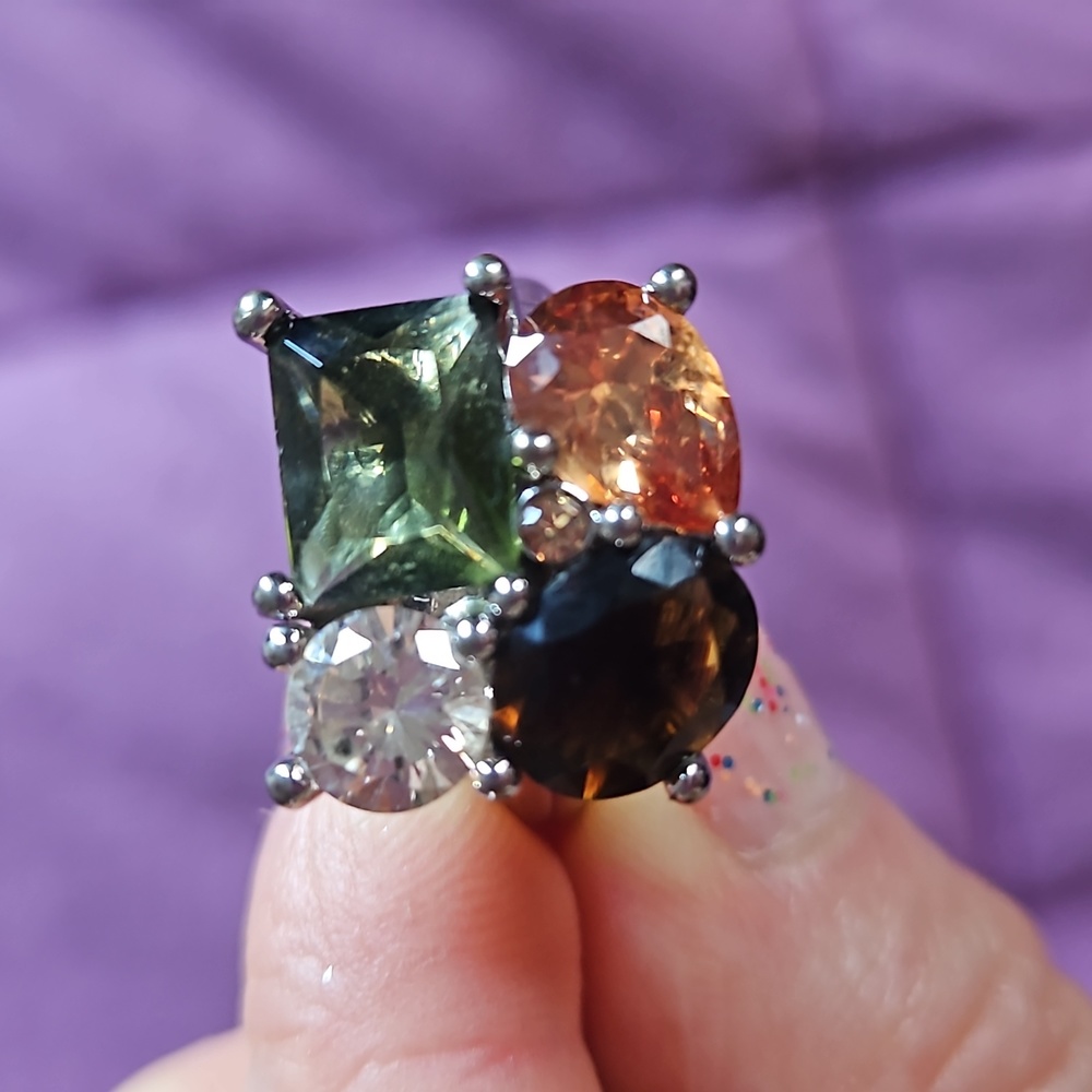 Gorgeous Avon Silver Earthtone Faux Gem Statement Cocktail Ring Adjustable sz 8
